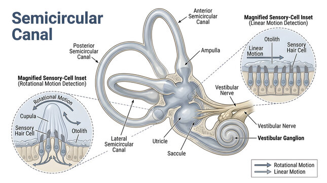 Anatomical diagram of the human semicircular canal with vestibular system
