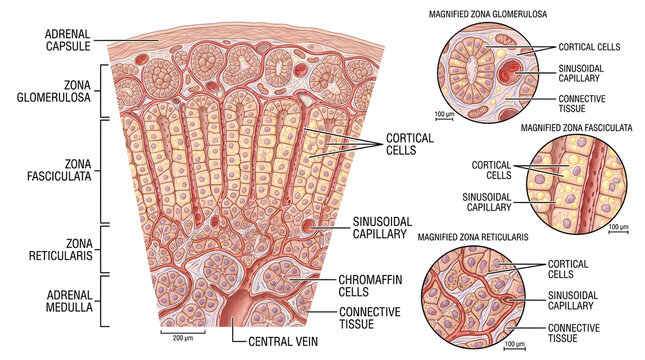 Anatomical cross section diagram of an adrenal gland with endocrine system