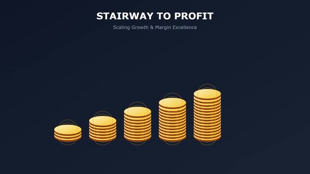 Gold coin stacks forming a rising stairway for financial profit growth