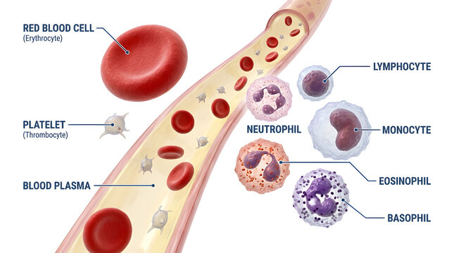 Diagram of human blood components and cells within a blood vessel with platelets