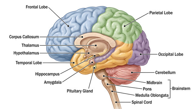 Lateral cross section of the human brain with labeled lobes and regions