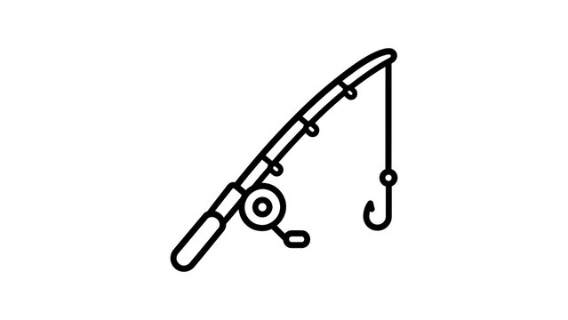 Fishing rod with reel and hook outline icon for outdoor sport activity.