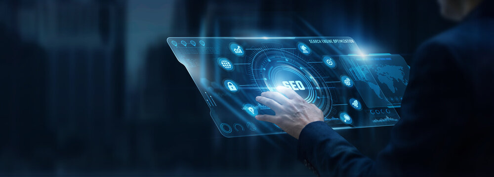 Businessman analyzing SEO and website traffic ranking data on digital screen. Keyword performance analytics, organic search growth, web traffic conversion strategy.