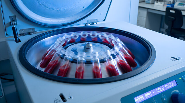 Medical centrifuge with glass vials spinning in clinical laboratory setting for pharmaceutical research