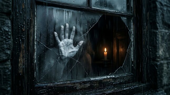Human hand pressed against a broken window pane of an old abandoned house with a glowing candle inside