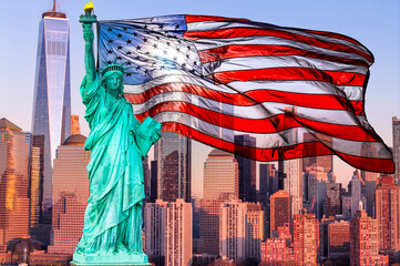 Patriotic Statue of Liberty background. Patriotic American flag banner. Patriotic New York city. Patriotic USA concept. © Volodymyr