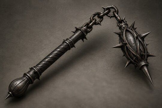Chain flail with spiked oval head in black metal