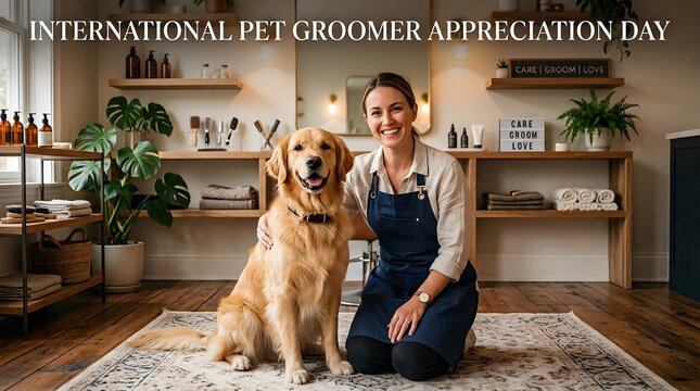 A happy woman with a warm smile is comfortably seated on the floor alongside her beautiful golden retriever dog inside a welcoming home