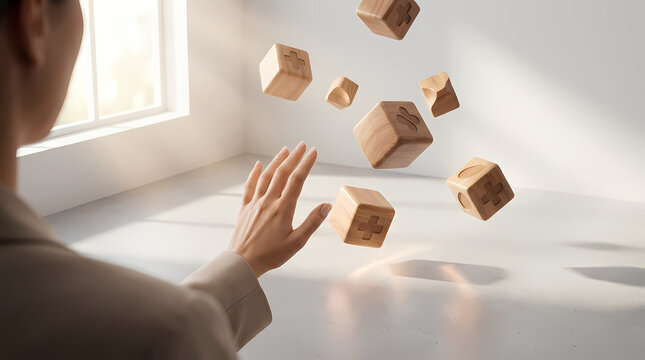 Businesswoman interacting with floating wooden plus sign cubes