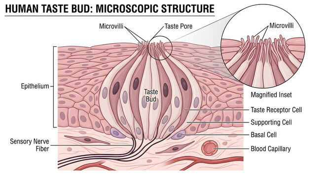 Microscopic structure of a human taste bud medical diagram with sensory anatomy
