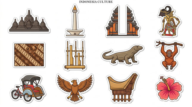 Indonesia Travel Culture Icon Set Cute Flat Sticker Illustration Collection