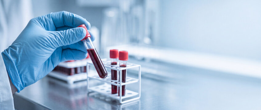 Medical professional in blue sterile gloves holding a blood sample test tube for clinical analysis and diagnostic research in a modern laboratory.