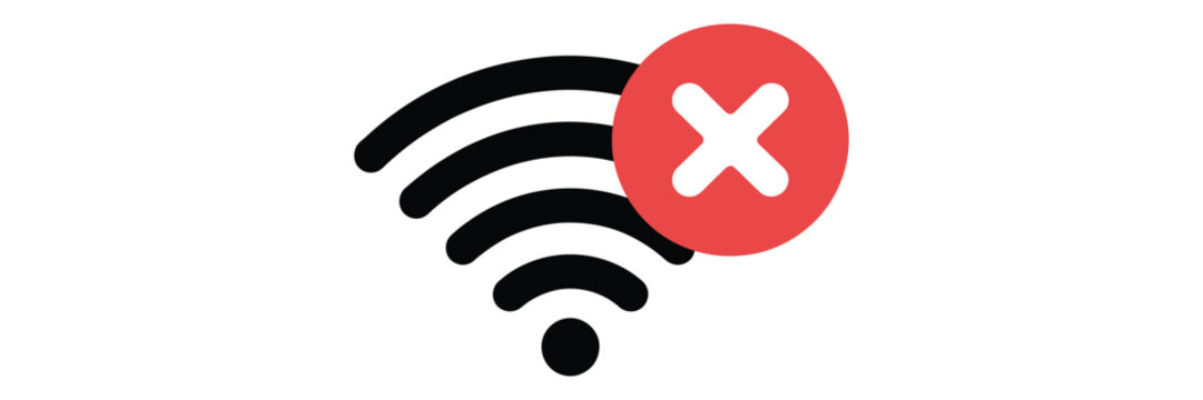 WiFi Problem Icons featuring wireless signals with prohibition symbols for disconnected internet, network errors, connection failure, and communication issues