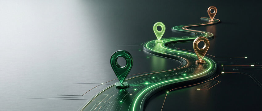 Futuristic 3D digital road with glowing neon lines and metallic map pins representing navigation, logistics strategy, and business milestones.