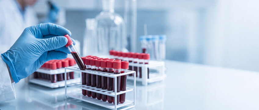 Medical researcher holding blood test tube in laboratory for clinical diagnostic screening and hematology analysis. Professional healthcare setting for science research and sample testing.