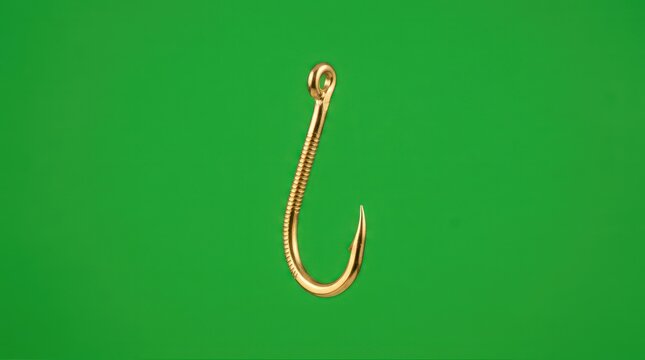 Golden fishing hook floating against a vibrant green screen