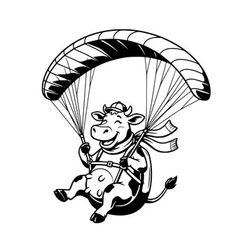 Cow Parachuting: A cartoon cow with a wide smile and a scarf is happily parachuting with a parachute, enjoying an adventurous ride through the sky.
