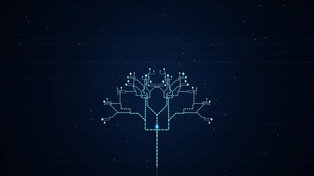 Digital tree of life: glowing circuit board network animation for tech backgrounds technology artificial intelligence