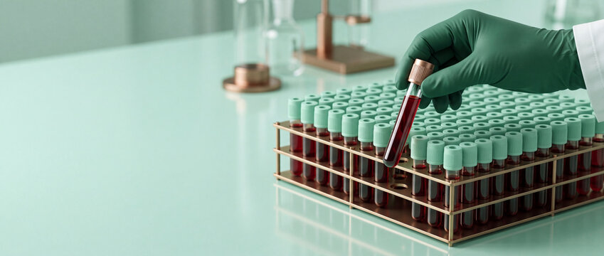 Professional lab technician in green protective gloves holding a blood sample test tube for clinical research and diagnostic testing in a modern sterile laboratory environment.