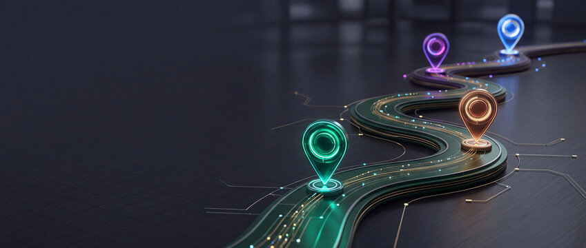 Winding digital road with neon location pins and circuit lines on dark background representing navigation, logistics technology, and business growth milestones