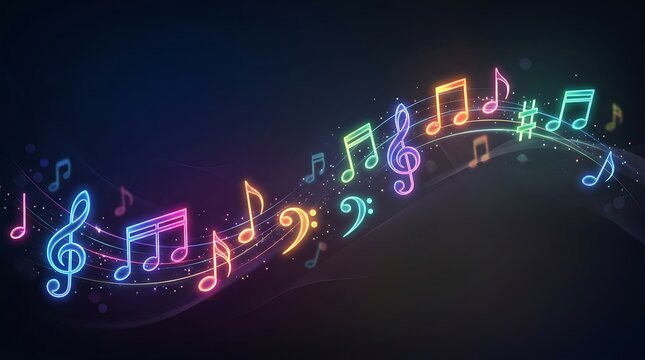 Brightly colored musical notes dance across a dark background, creating a lively visual effect.