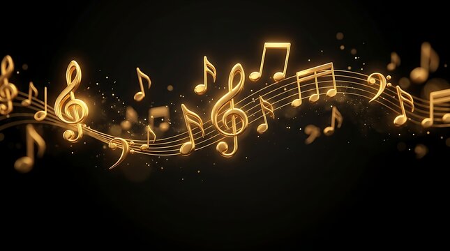 A dynamic arrangement of musical notes dances across a dark background, evoking a sense of joy and creativity.