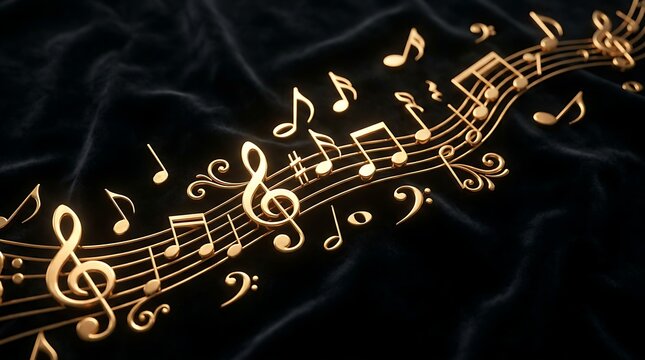 Golden musical notes and staff lines dynamically emerge from a dark, textured background, creating an impression of flowing melody.
