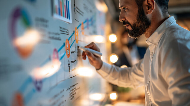 Entrepreneur drawing a growth roadmap timeline on a whiteboard, colorful charts and milestone markers, creative planning, business strategy, with copy space