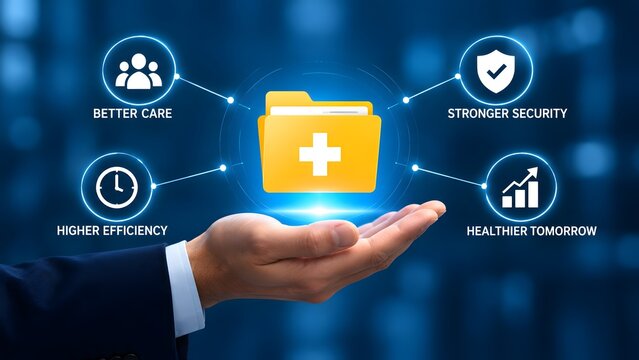 Innovative digital healthcare data management system concept featuring electronic medical records folder with connected icons for care security efficiency and future health outcomes in blue network