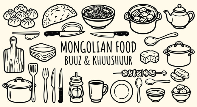 Mongolian cultural food traditional cuisine doodle set. buuz dumplings, khuushuur pastry, teapot, meat skewer. for authentic restaurant menu, asian travel guide. black outline vector art.