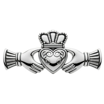 Shiny silver claddagh ring symbol representing love loyalty and friendship isolated.