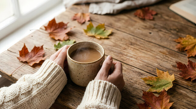 Woman Holding Warm Coffee Cup on Rustic Wooden Table in Autumn