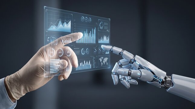 Humano e rob&ocirc; interagindo com interface hologr&aacute;fica e espa&ccedil;o negativo