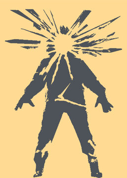Surreal graphic illustration of a person with an exploding head showing beams of light explosion exploding abstract illustration psychology silhouette character standing creativity