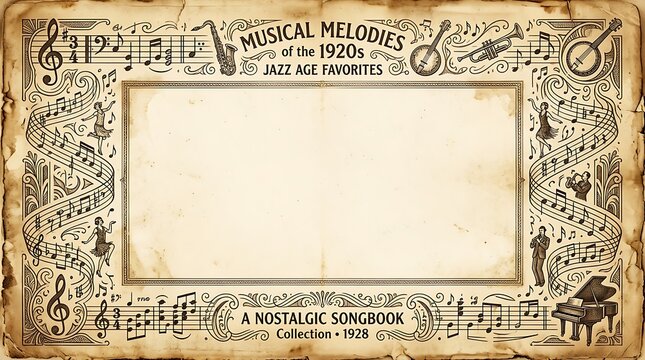 Musical melodies from the 1920s provide a decorative frame for a blank nostalgic songbook design.