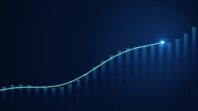 Financial growth bar chart with rising arrow animation, digital business success concept, stock market data visualization, blue tech background