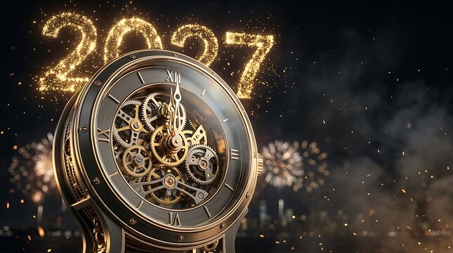 Intricate golden clockwork gears assemble to create the year 2027 against a dark and dramatically lit background showcasing precision and time