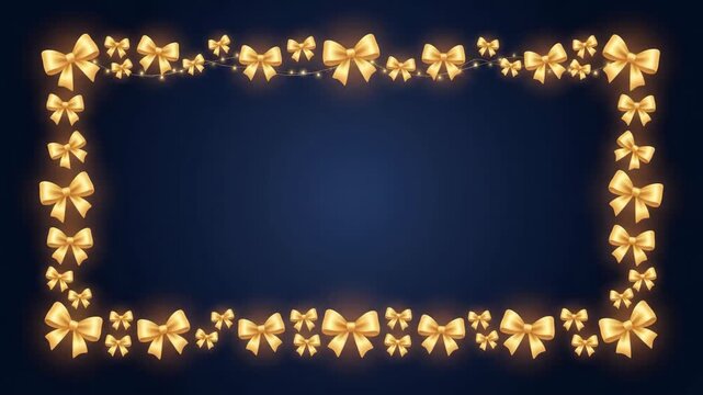 Elegant golden bows forming a festive frame on a dark blue background, perfect for holiday greetings and celebrations.