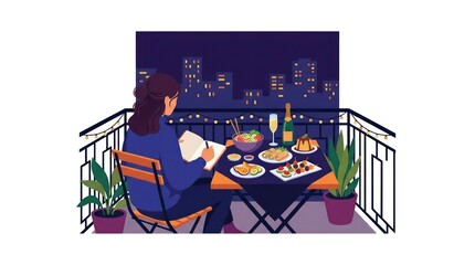 Fototapeta premium Woman journaling on balcony during night dinner with city view