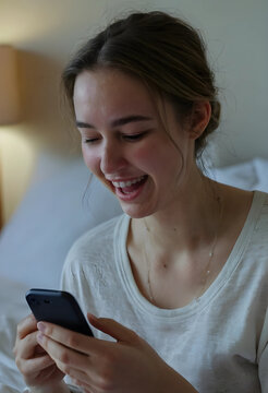Digital communication and social connection, happy young woman laughing while reading a message on her smartphone in a cozy bedroom at home