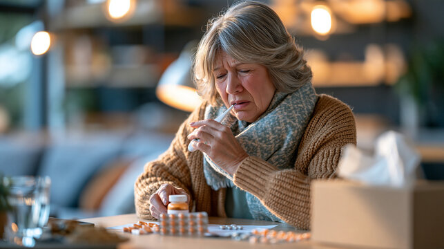 Portrait of a sick elderly woman taking temperature with digital thermometer at home with pills and water glass nearby single subject only front-facing composition realistic natura