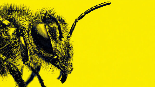 Close-up of a Bee's Head with Detailed Eyes and Antennae against Bright Yellow Background