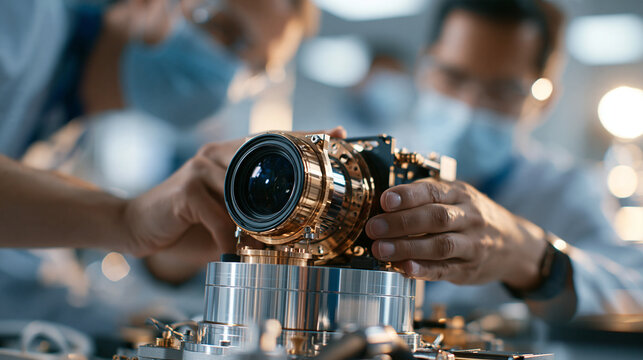 Side shot showing integration of optical lens array and sensor housing during satellite payload assembly in a bright clean aerospace cleanroom natural lighting precision optics