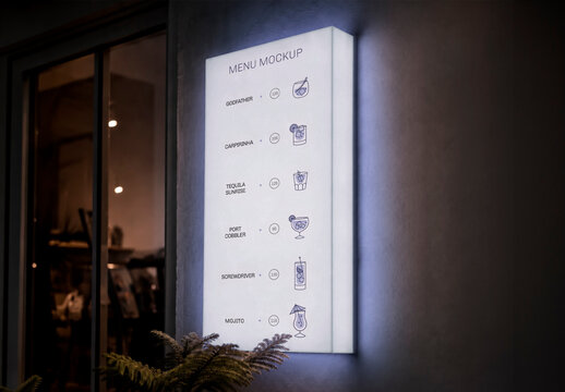 Restaurant Wall with Illuminated Menu Lightbox Mockup