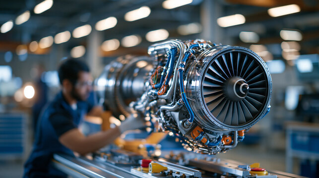 Side shot showing integration of turbine rotor and combustion chamber components during jet engine assembly in a bright clean aerospace facility natural lighting precision engineer