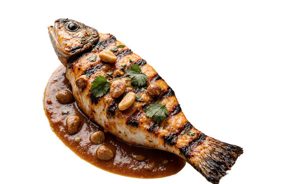 Grilled fish seafood roasted sea bass isolated on a transparent background with toasted nuts and herbs for gourmet dining concepts