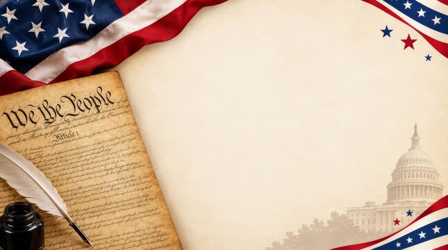 Historic Document and American Symbols on a Plain Background