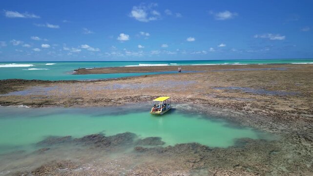 Vista a&eacute;rea de piscina natural cristalina com guarda-sol amarelo em meio a recifes na mar&eacute; baixa, cen&aacute;rio exclusivo da Praia do Patacho durante viagem