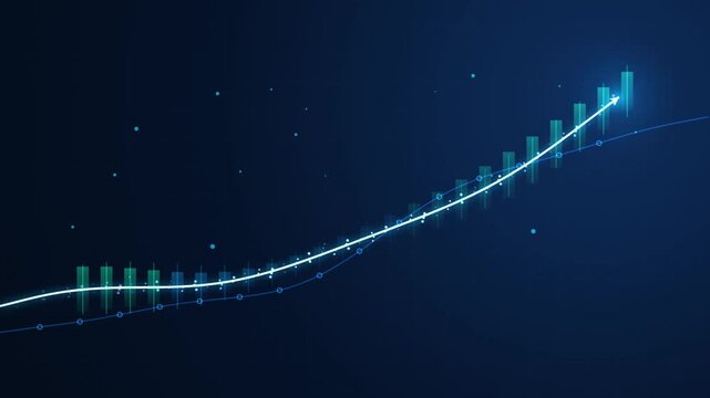 Financial growth chart with rising bar graph and trend line, digital business success concept, animated stock market data visualization