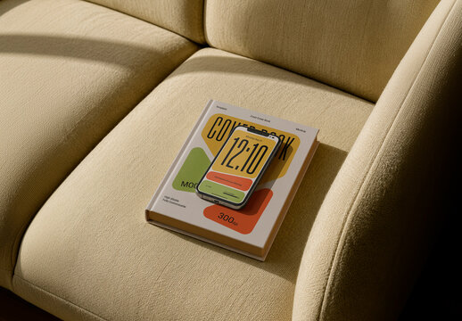 Sofa Furniture with Smartphone Book Branding Mockup